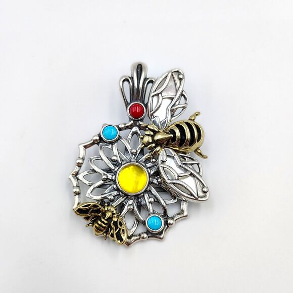 Carolyn Pollack Sterling Silver 925 Brass Multi Gemstone Bee Pendant Enhancer